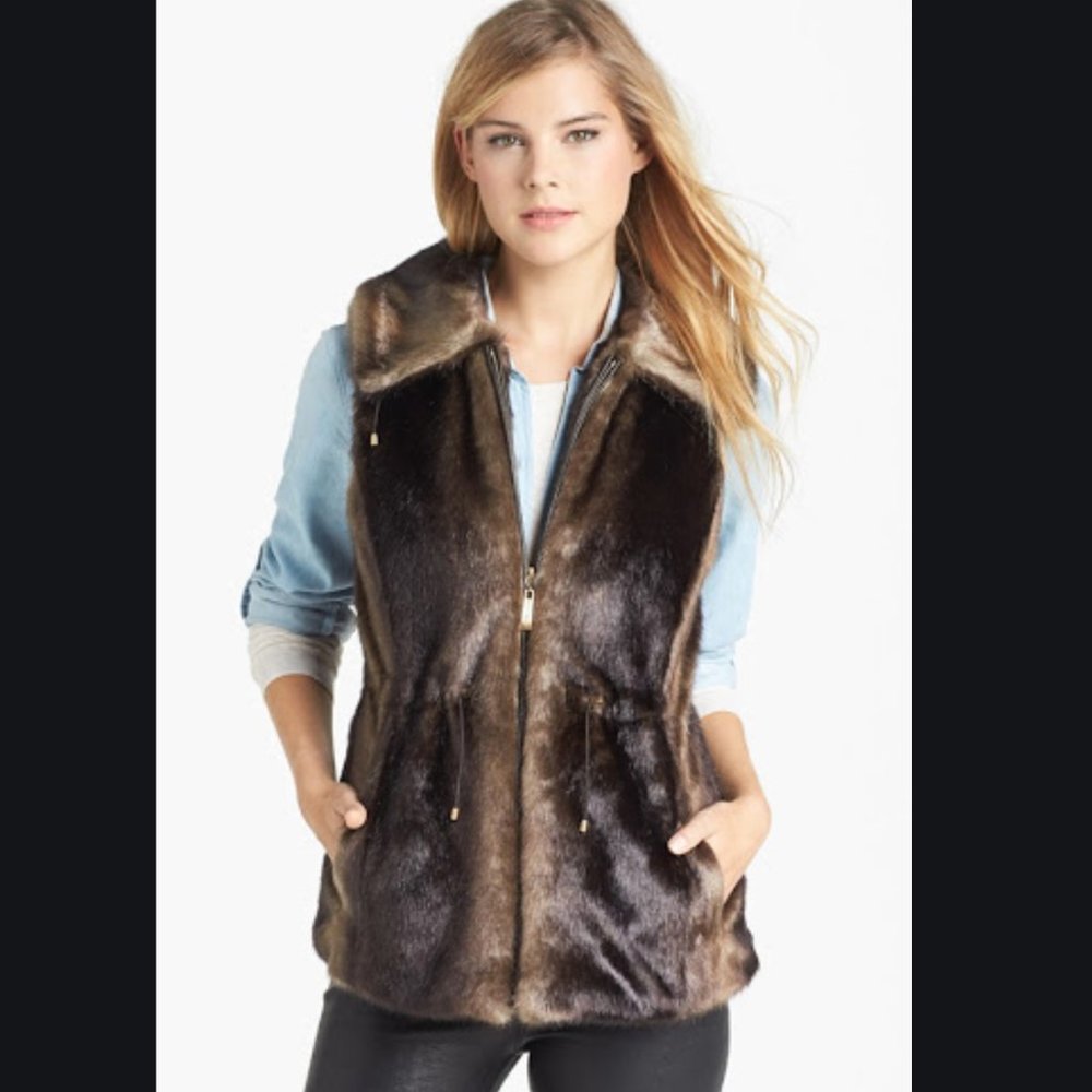 Ellen Tracy Faux Fur Vest, Brown, XS